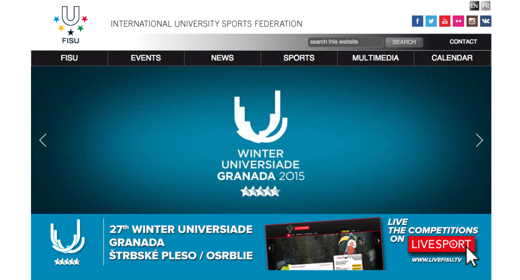 Captura de la página de la FISU anunciando en portada la Universiada Granada 2015